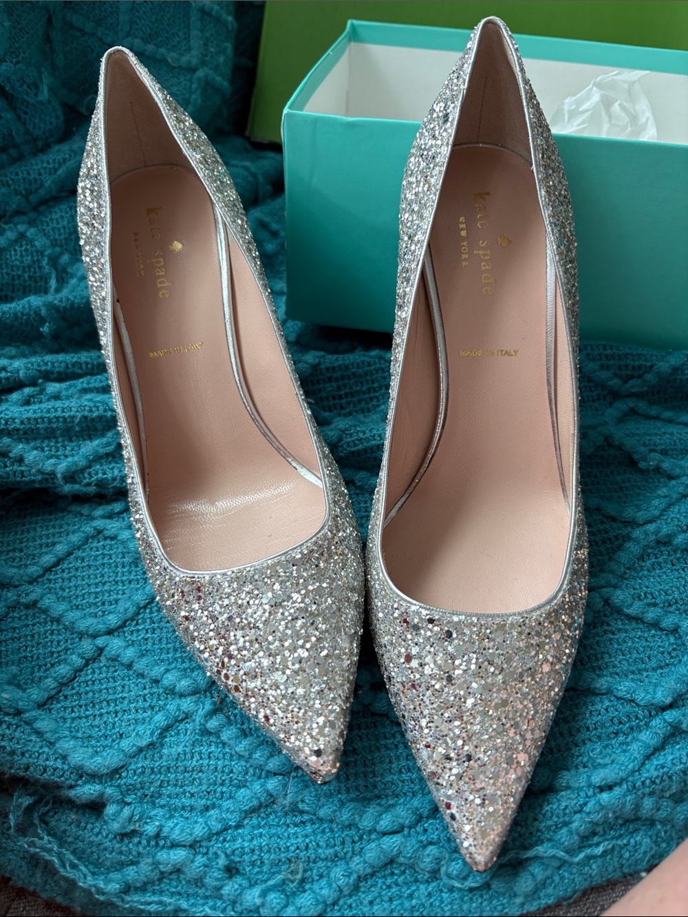 kate spade Silver Glitter Pointed Toe Pumps